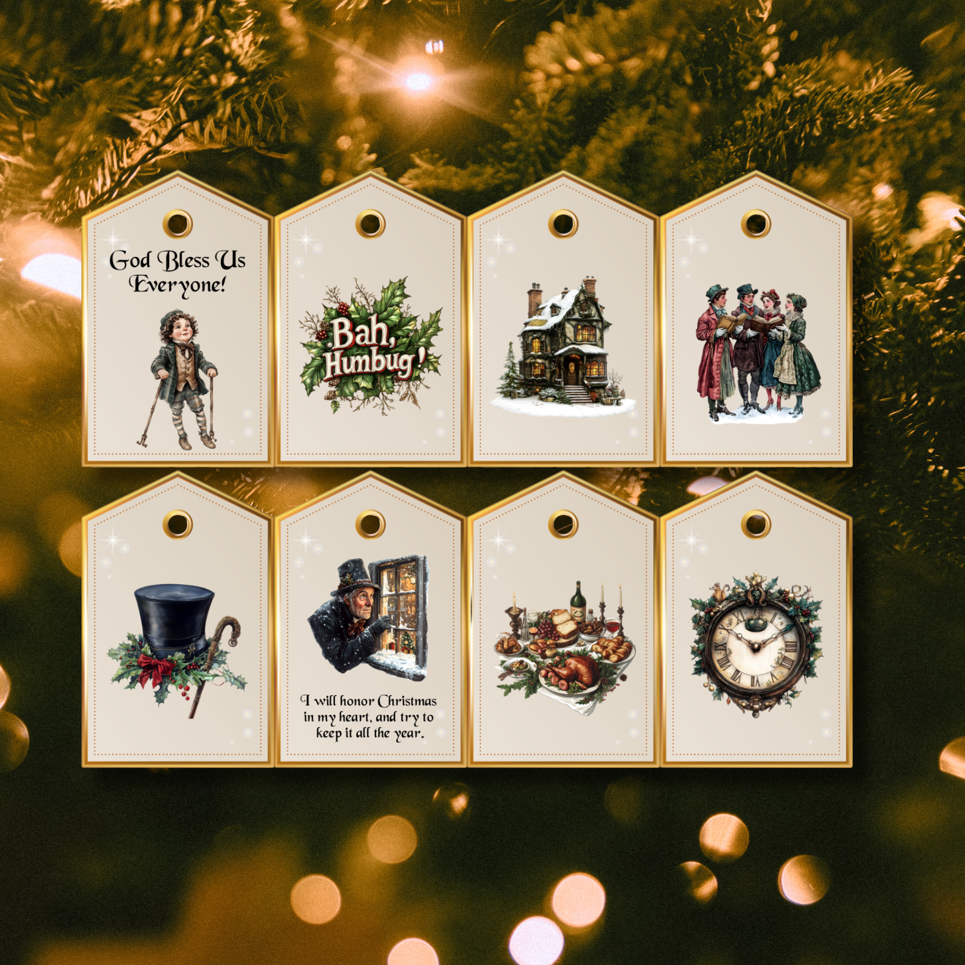 Vintage Christmas Carol gift tags printable inspired by the Charles Dickens classic.