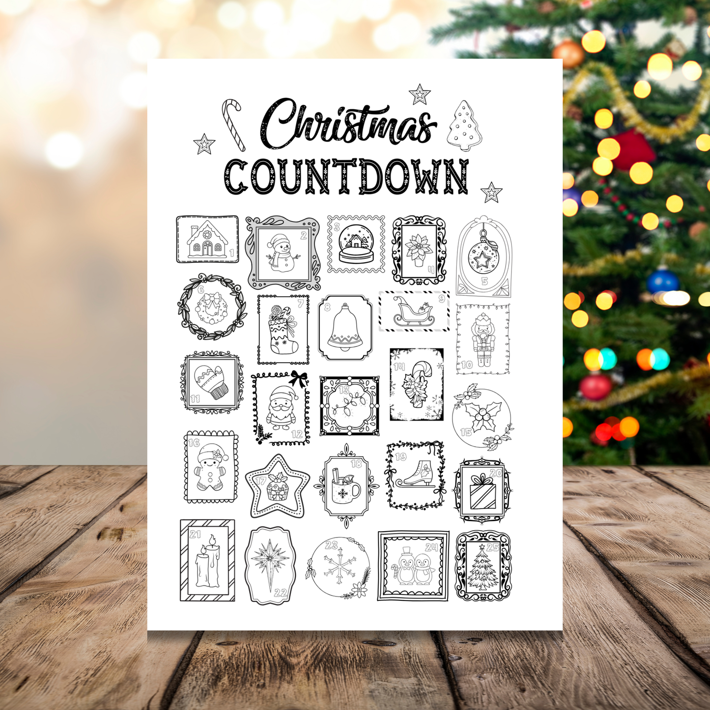 Printable Christmas Coloring Countdown Calendar featuring 25 festive illustrations to color each day before Christmas.