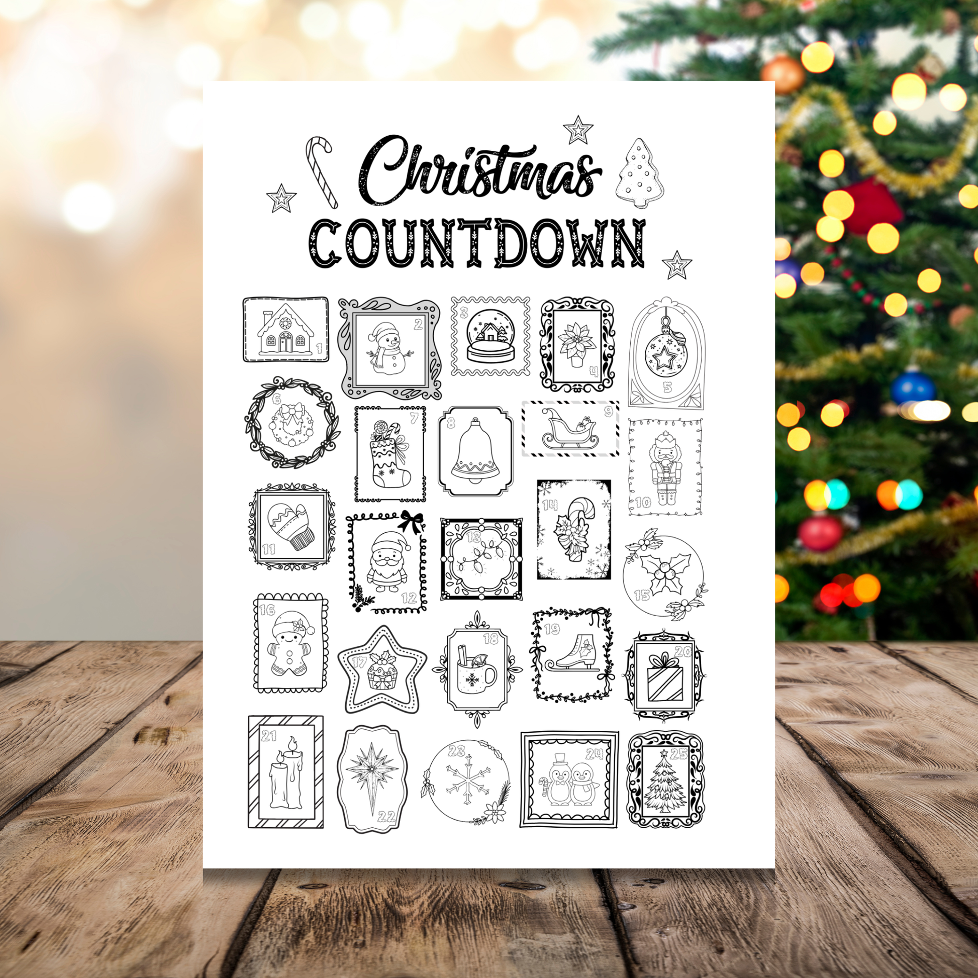 Printable Christmas Coloring Countdown Calendar featuring 25 festive illustrations to color each day before Christmas.