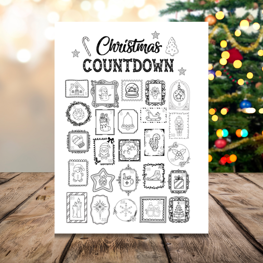 Printable Christmas Coloring Countdown Calendar featuring 25 festive illustrations to color each day before Christmas.