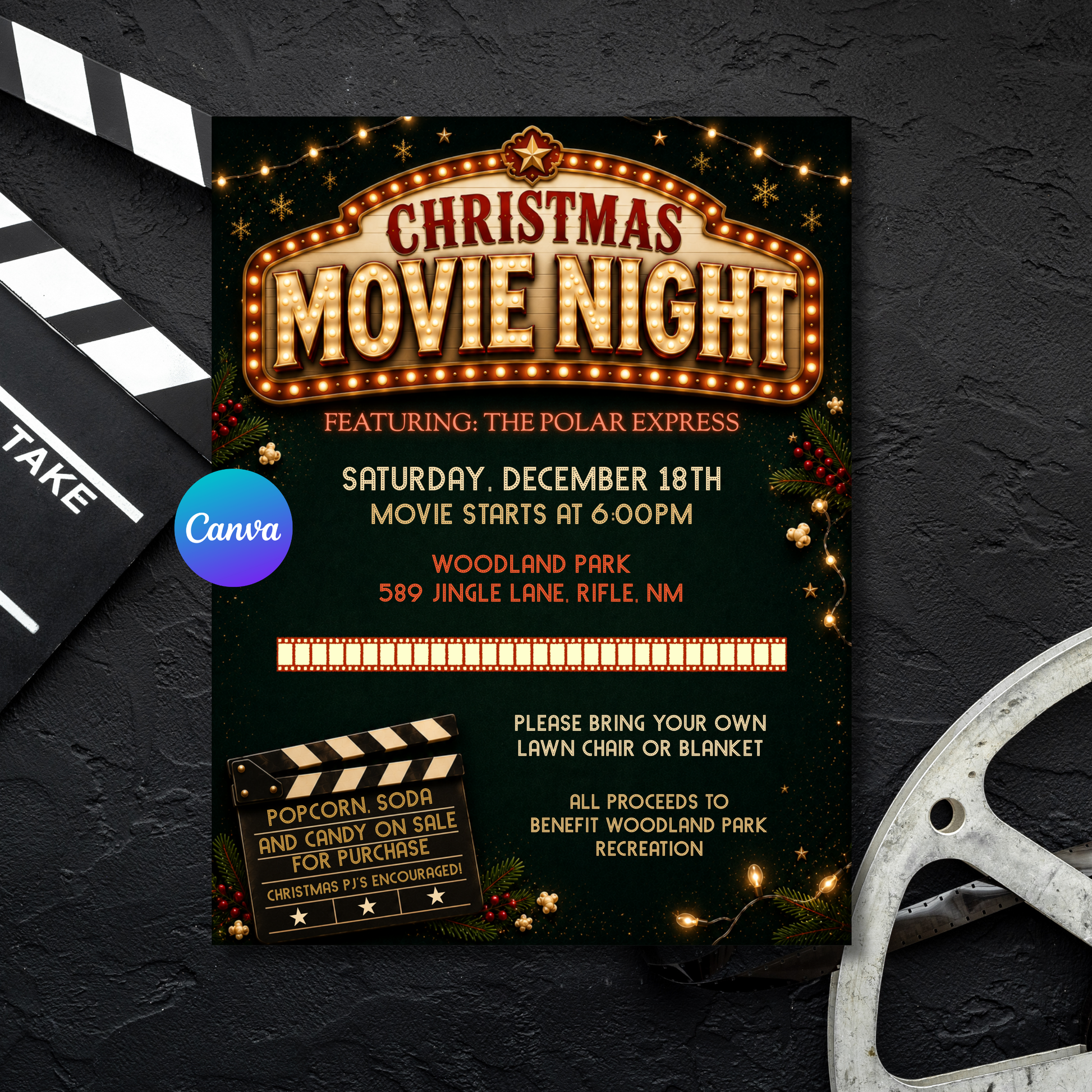 A Christmas Movie Night event flyer displayed on a dark textured background with movie clapperboard and film reel props. The flyer features a marquee-style title, movie details, a popcorn ticket graphic, and a Canva logo sticker.