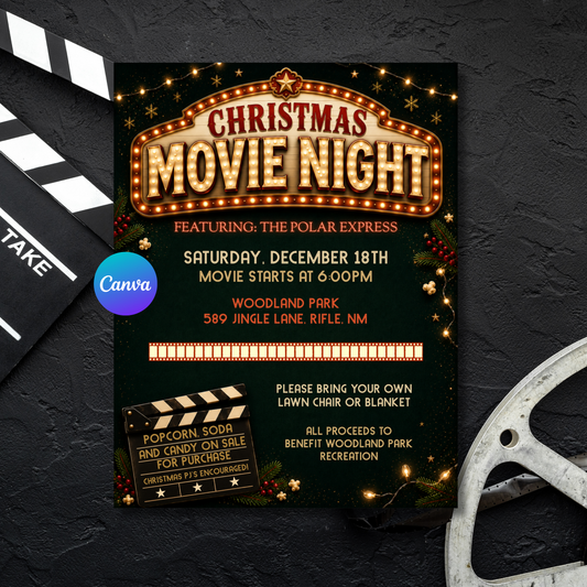 A Christmas Movie Night event flyer displayed on a dark textured background with movie clapperboard and film reel props. The flyer features a marquee-style title, movie details, a popcorn ticket graphic, and a Canva logo sticker.