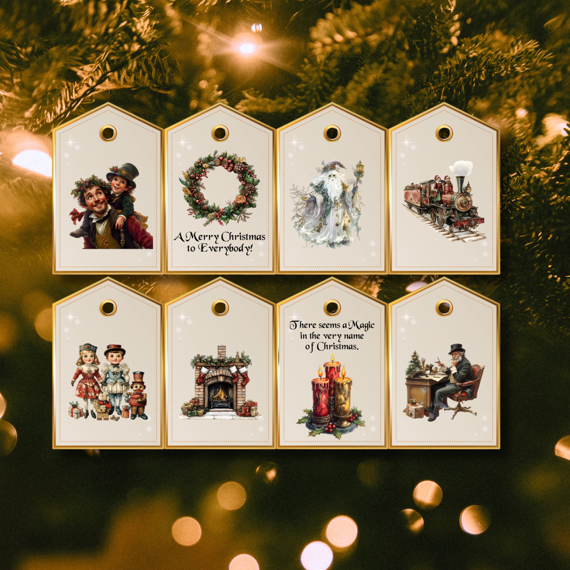 Printable Dickens-inspired Christmas gift tags with vintage artwork.