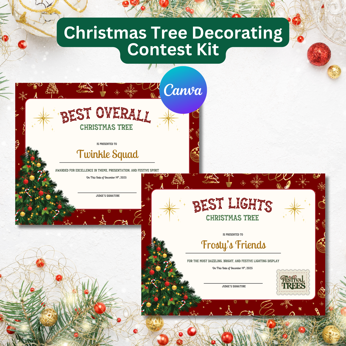 Christmas Tree Decorating Contest Kit Printable | Editable Canva Templates | Scorecards Voting Cards Certificates | Instant Download