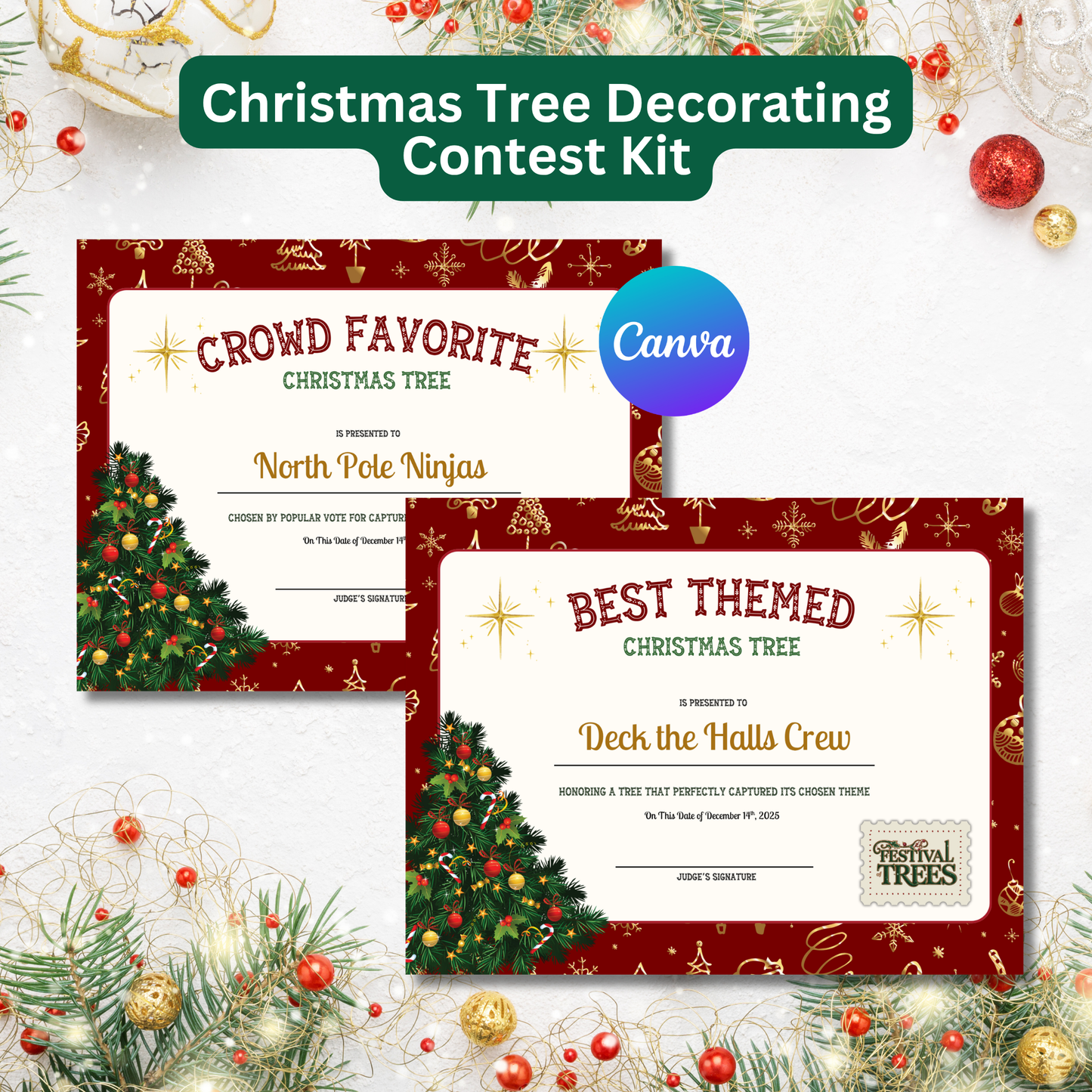 Christmas Tree Decorating Contest Kit Printable | Editable Canva Templates | Scorecards Voting Cards Certificates | Instant Download