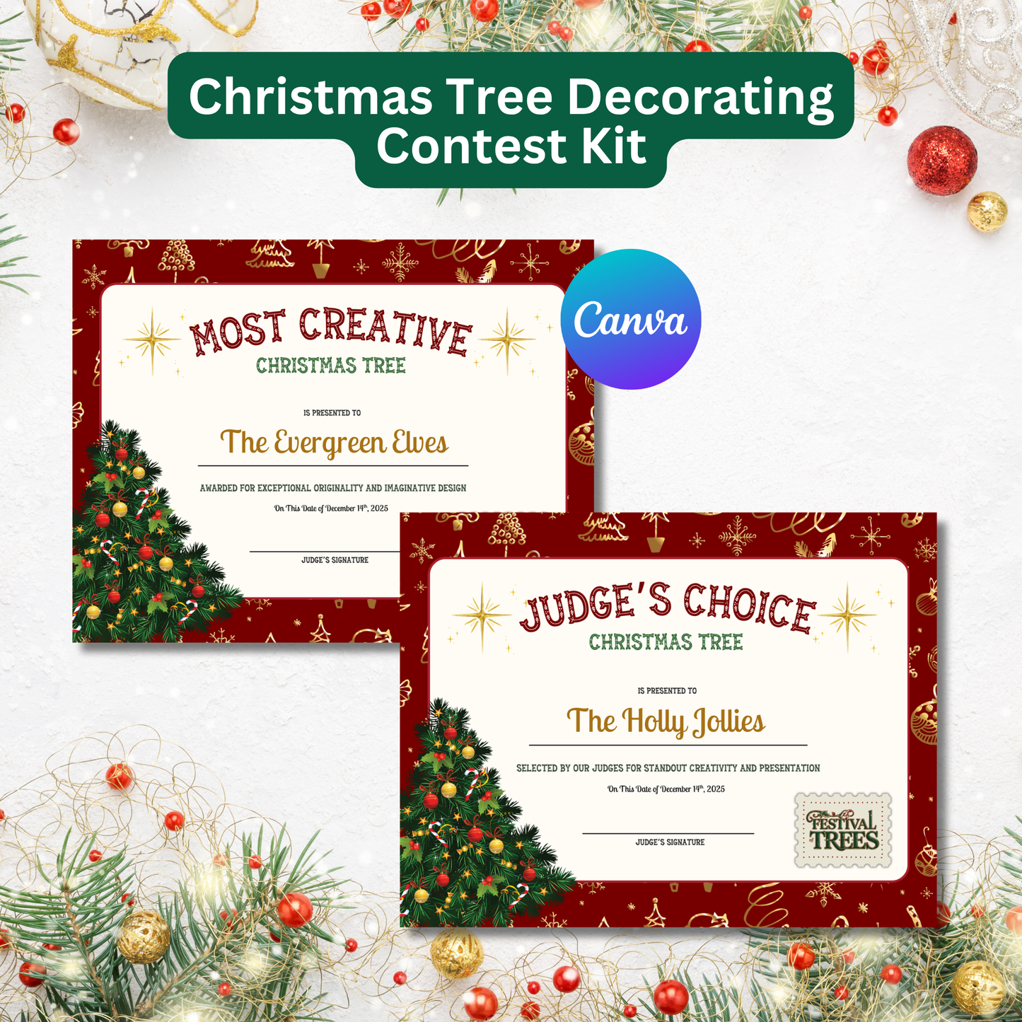 Christmas Tree Decorating Contest Kit Printable | Editable Canva Templates | Scorecards Voting Cards Certificates | Instant Download