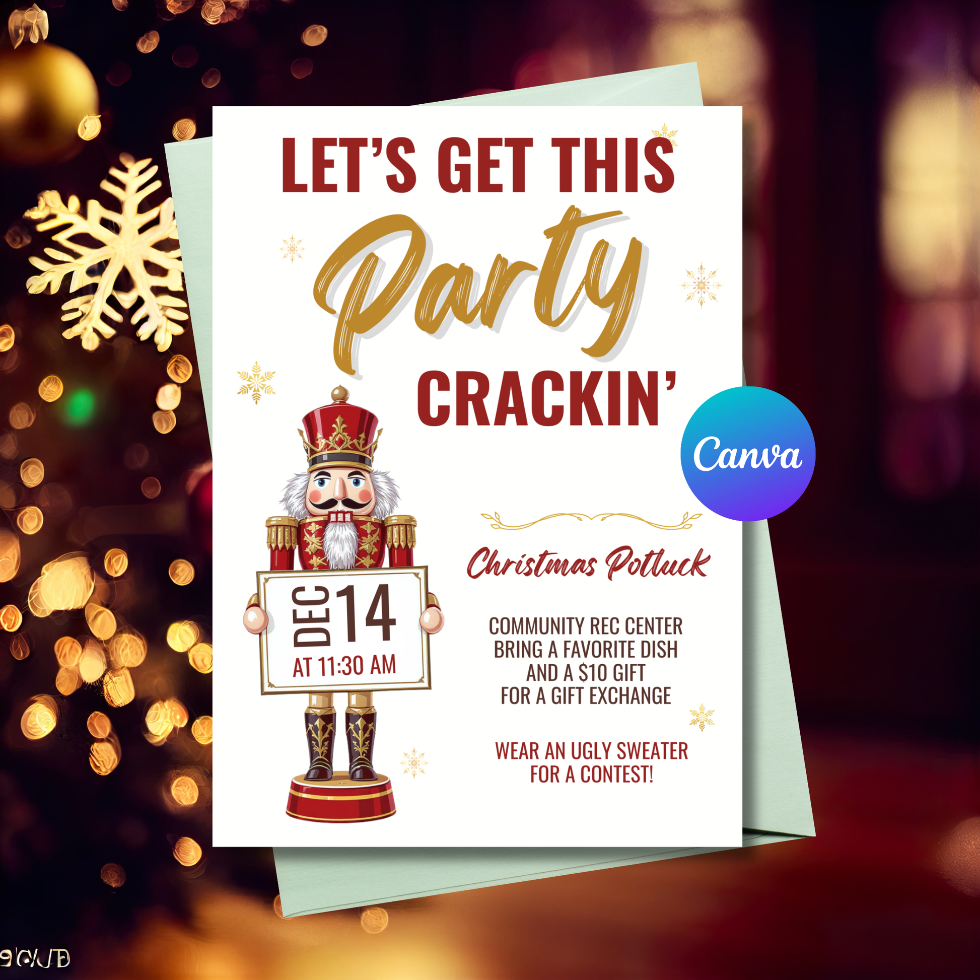 Editable Christmas party invitation template featuring a festive nutcracker design for Canva.