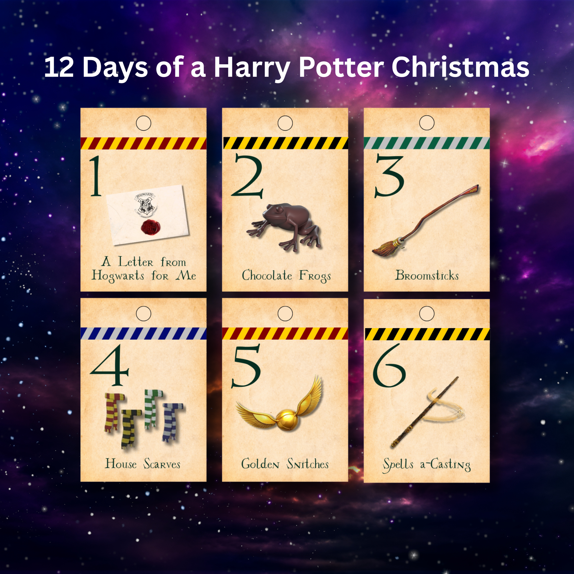 Printable 12 Days of Wizard Christmas gift tags with magical themed illustrations.