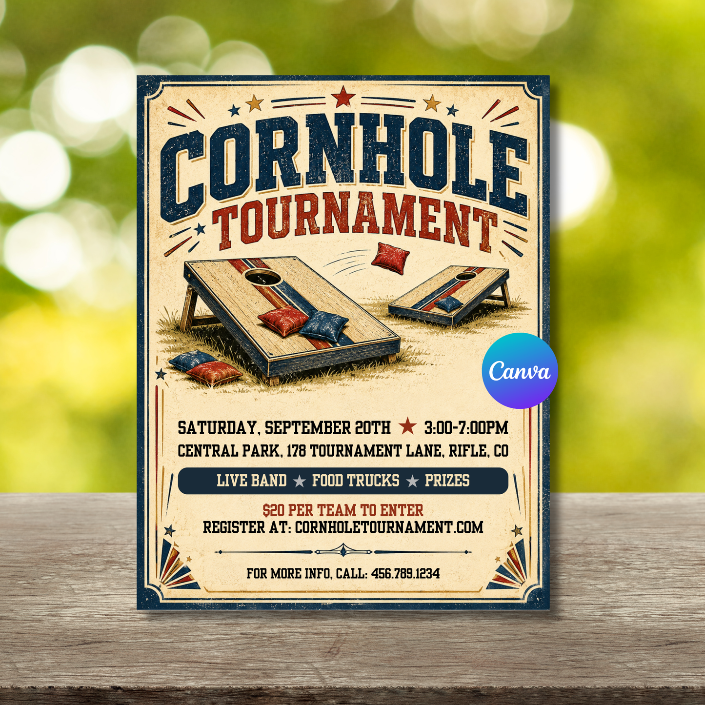 Vintage cornhole tournament flyer template with cornhole boards and bean bags