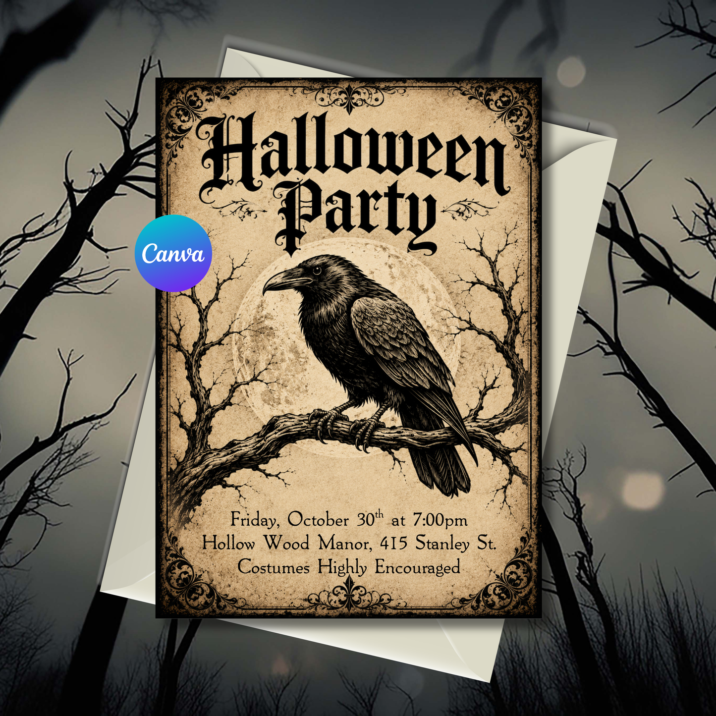 Vintage gothic Halloween party invitation with black raven, full moon and aged parchment design
