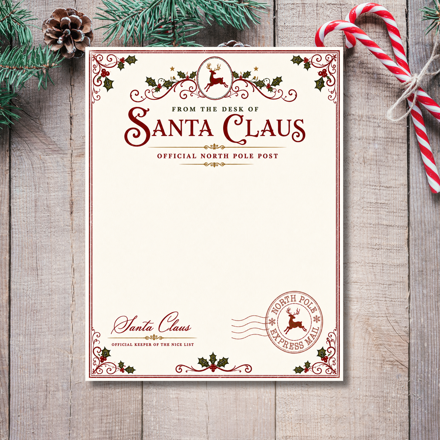 Printable Santa letterhead with vintage North Pole Post Christmas stationery design