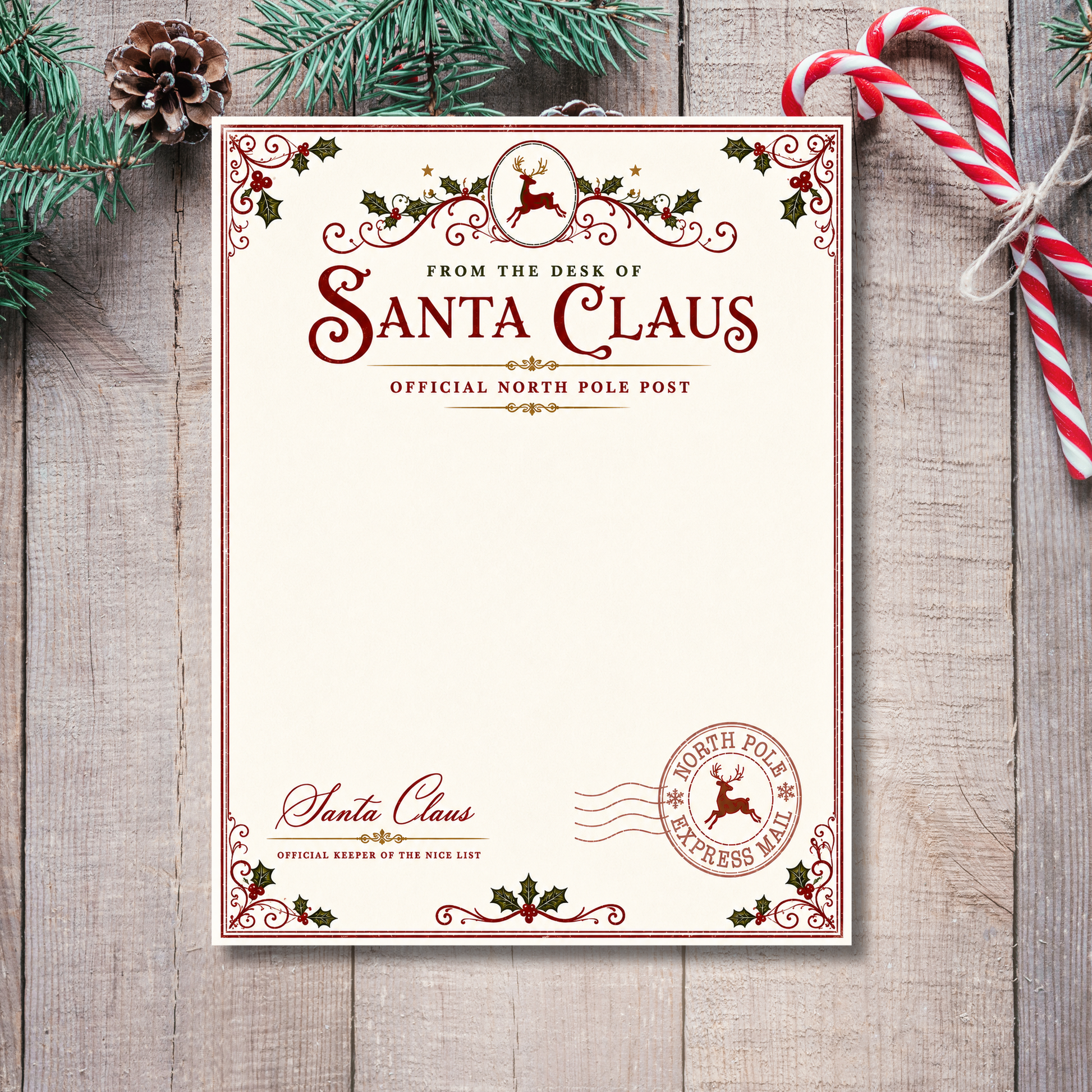 Printable Santa letterhead with vintage North Pole Post Christmas stationery design