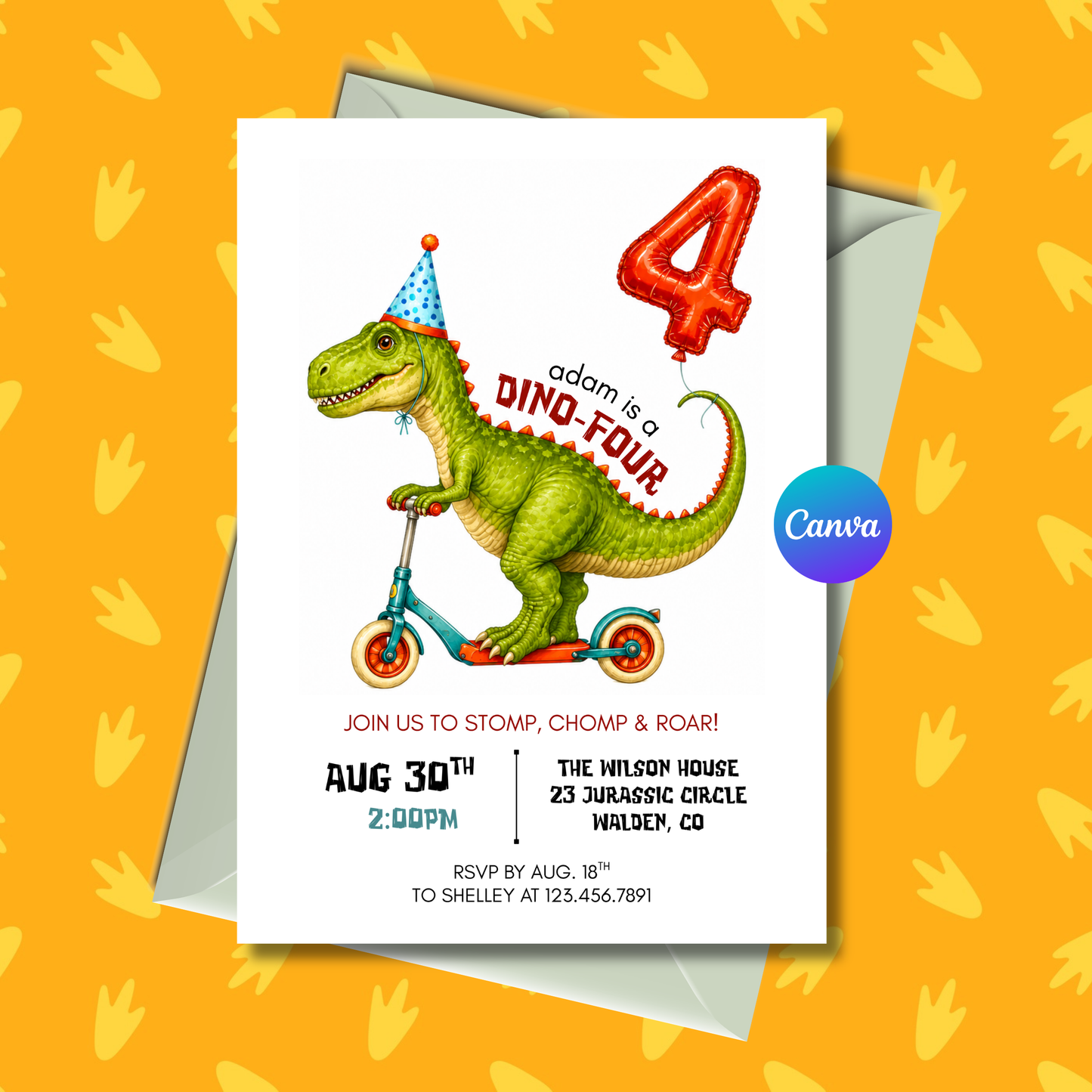 Dinosaur 4th birthday invitation editable Canva template with T-Rex on scooter and number 4 balloon