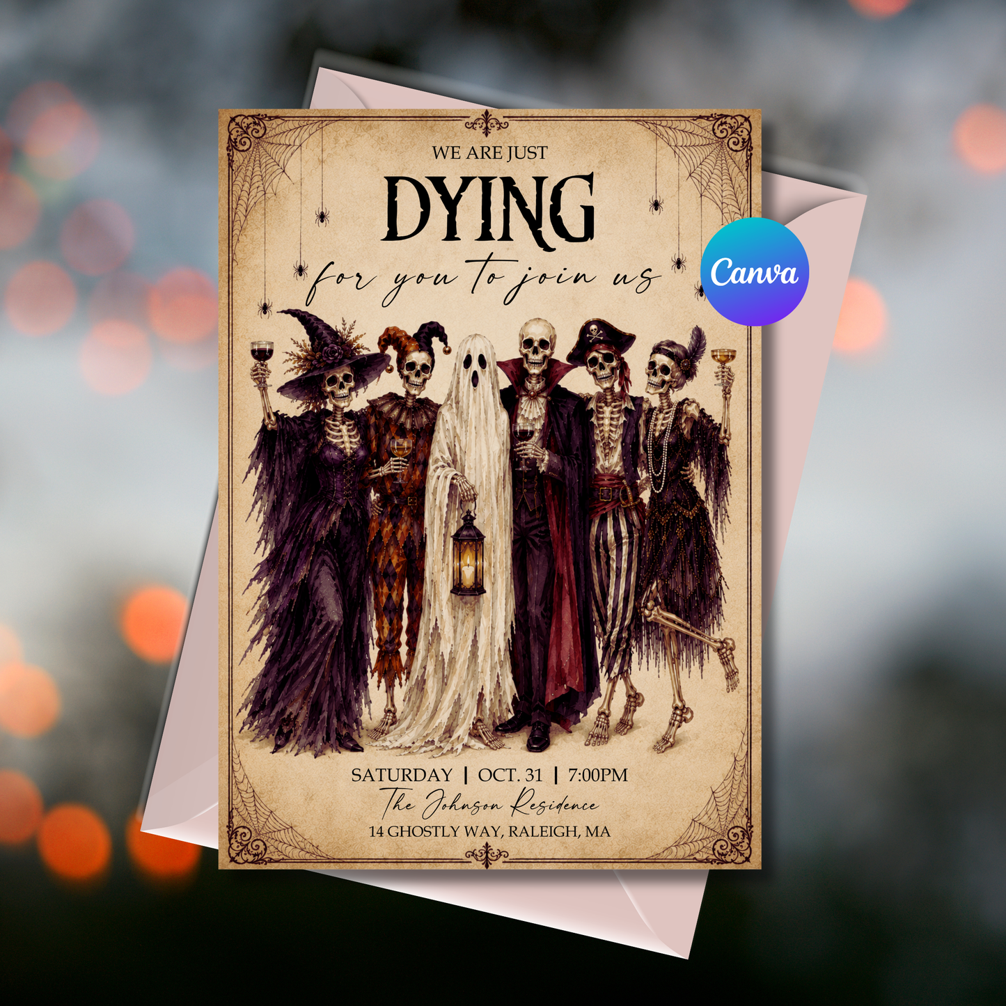 Editable vintage Halloween party invitation featuring elegantly dressed skeletons, a ghost holding a lantern, antique paper background, spiderweb corners, and gothic Halloween artwork. Printable 5x7 Canva invitation for Halloween parties and costume celebrations.