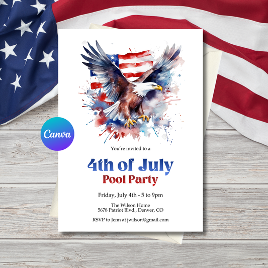 4th of July Pool Party Invitation Template | Patriotic Summer Pool Party Invite | Editable BBQ Pool Party Invite | Canva Printable