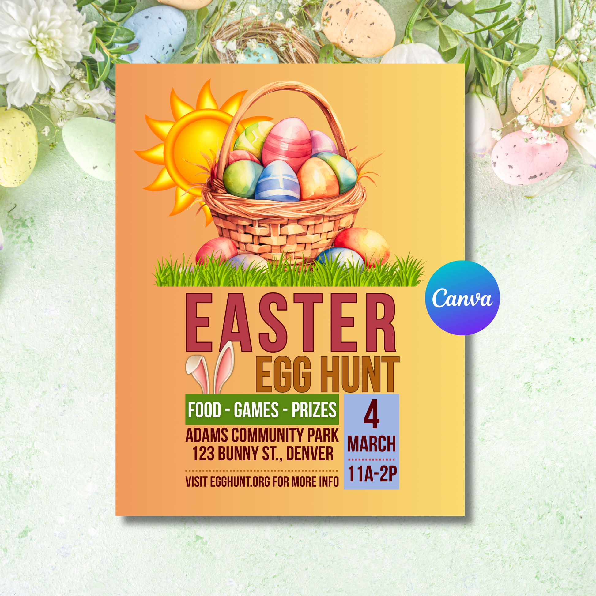 Easter egg hunt flyer with a basket of eggs, sun, and grass on a yellow background.