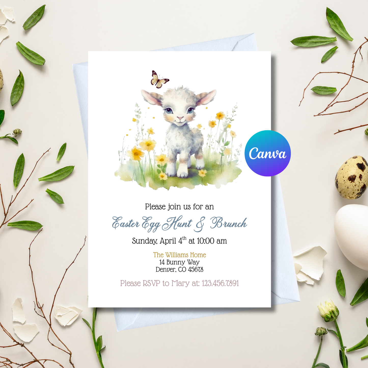 Easter invitation card with a lamb illustration on a white background