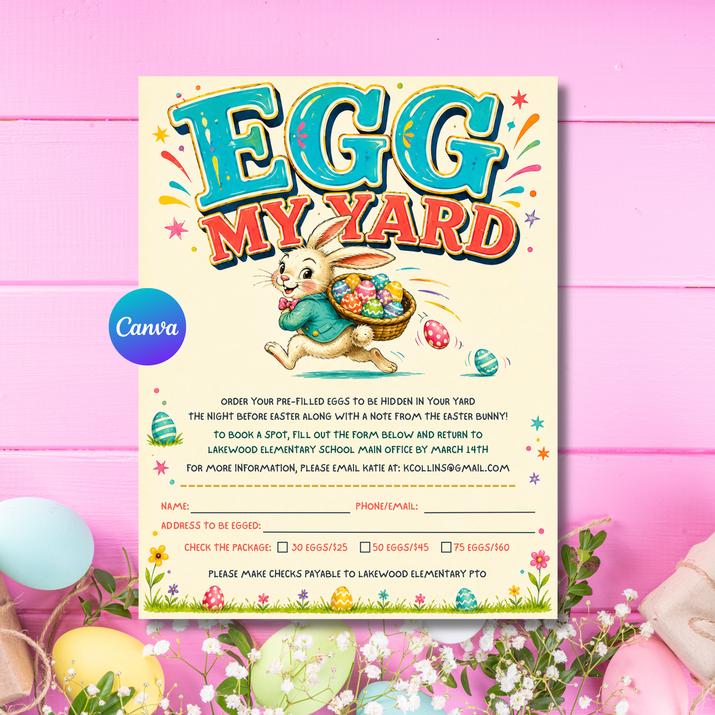 Bright Egg My Yard Easter fundraiser flyer template with colorful eggs and Easter bunny