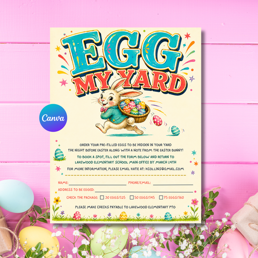 Bright Egg My Yard Easter fundraiser flyer template with colorful eggs and Easter bunny
