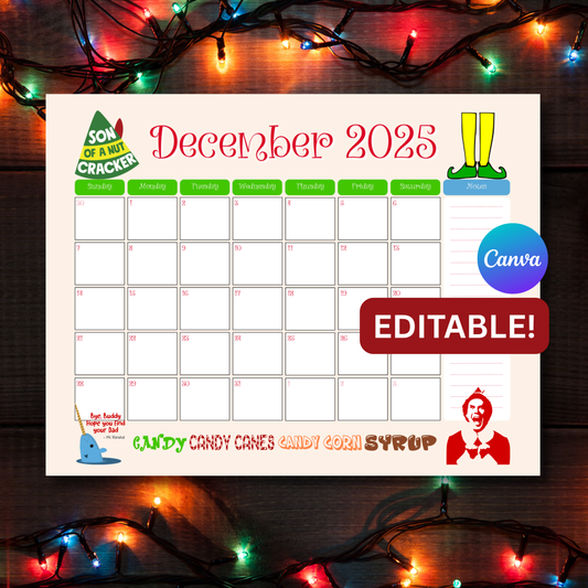 Editable Elf Christmas Countdown Calendar printable designed in Canva.