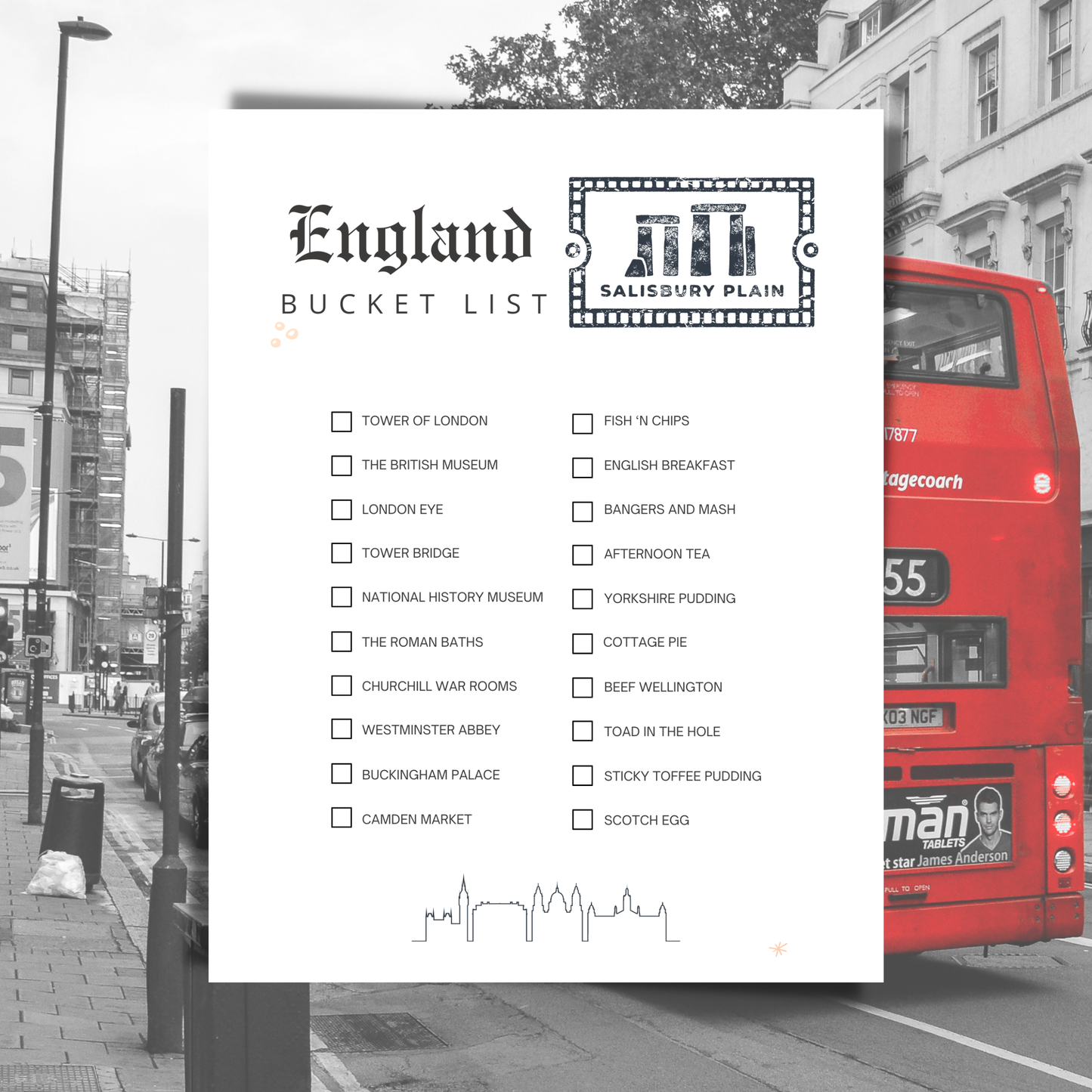 Bucket list for England with a red double-decker bus in the background