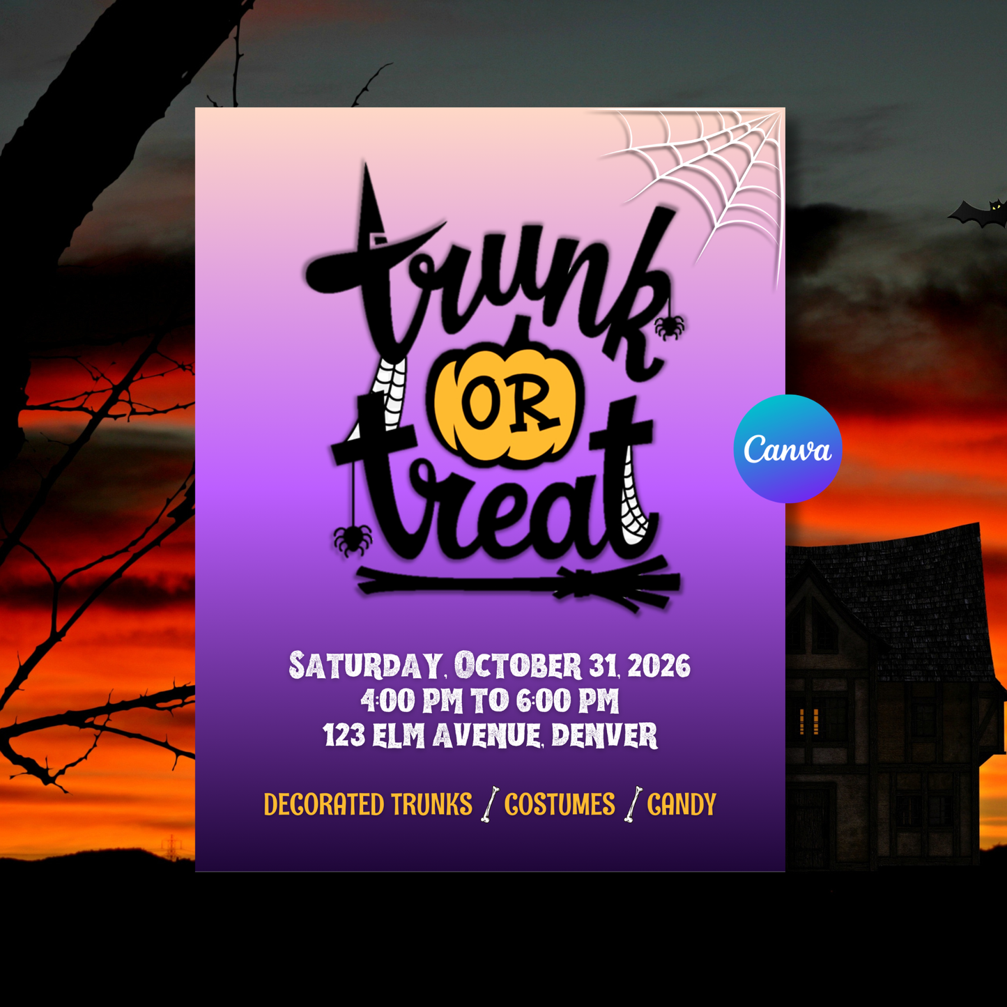 Trunk or Treat Flyer Template | Cute Halloween Event Flyer | Editable Canva Invite | School Church Fall Festival Printable
