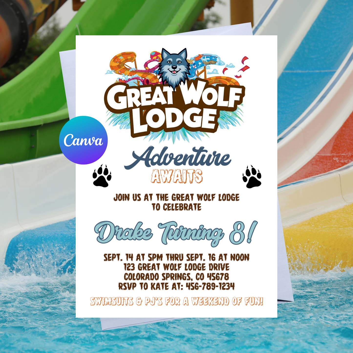 Great Wolf Lodge Birthday Invitation Template – Editable Canva Invite (5x7)
