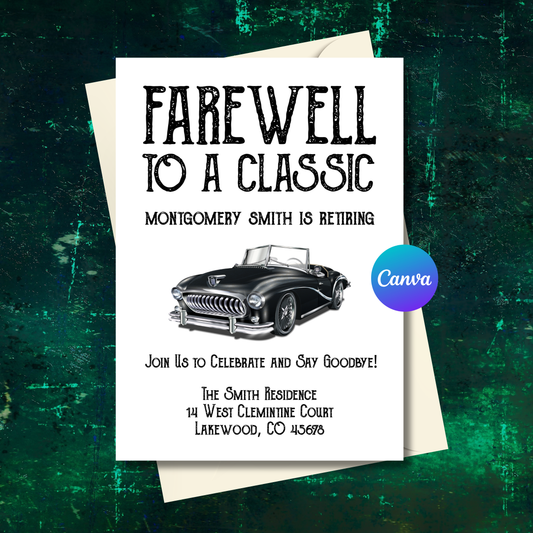 Retirement Party Invitation Template 5x7 Editable | Classic Car Farewell Invite | Vintage Retirement Party Invite | Canva Template Instant Download