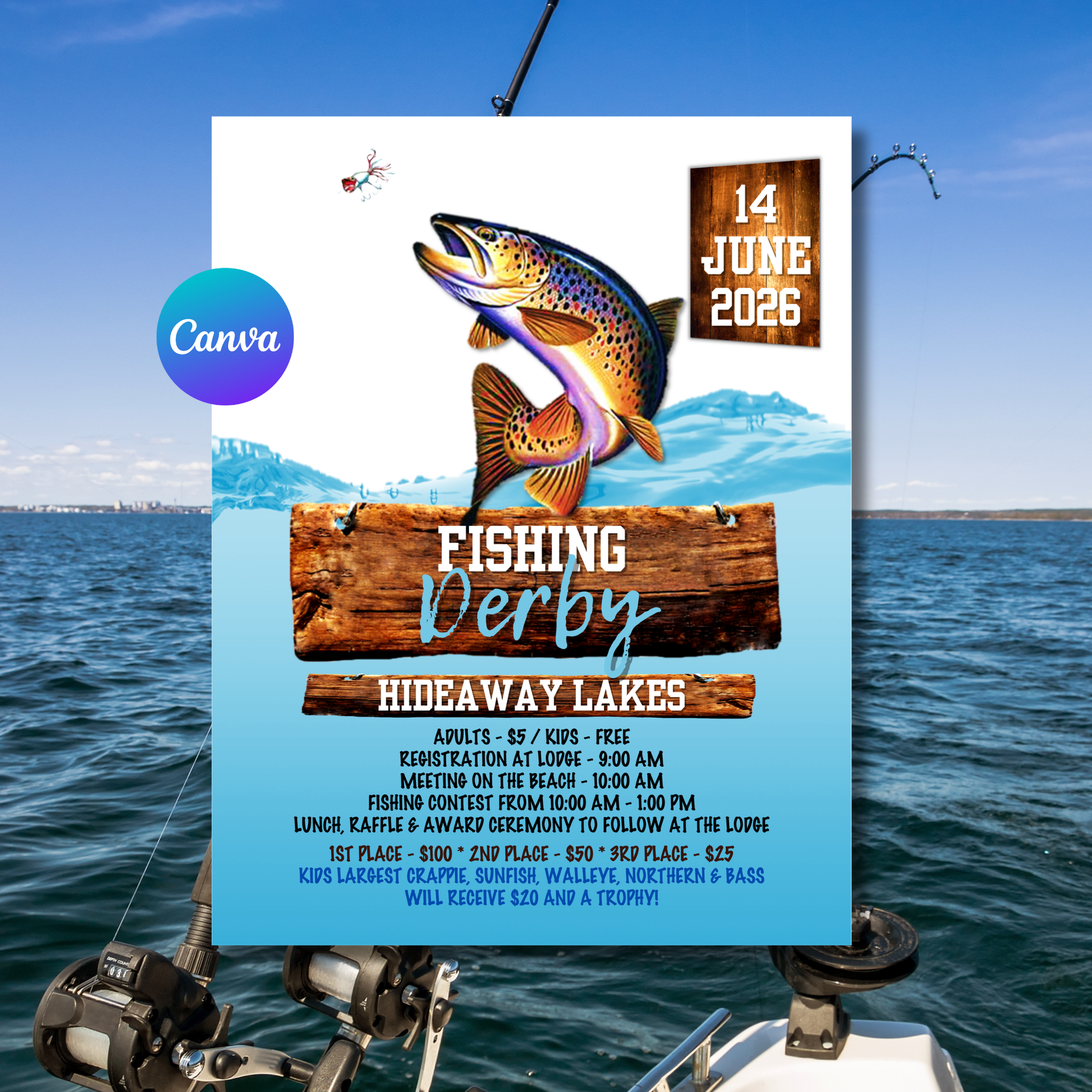 Fishing derby poster with a fish illustration on a background of water and sky.