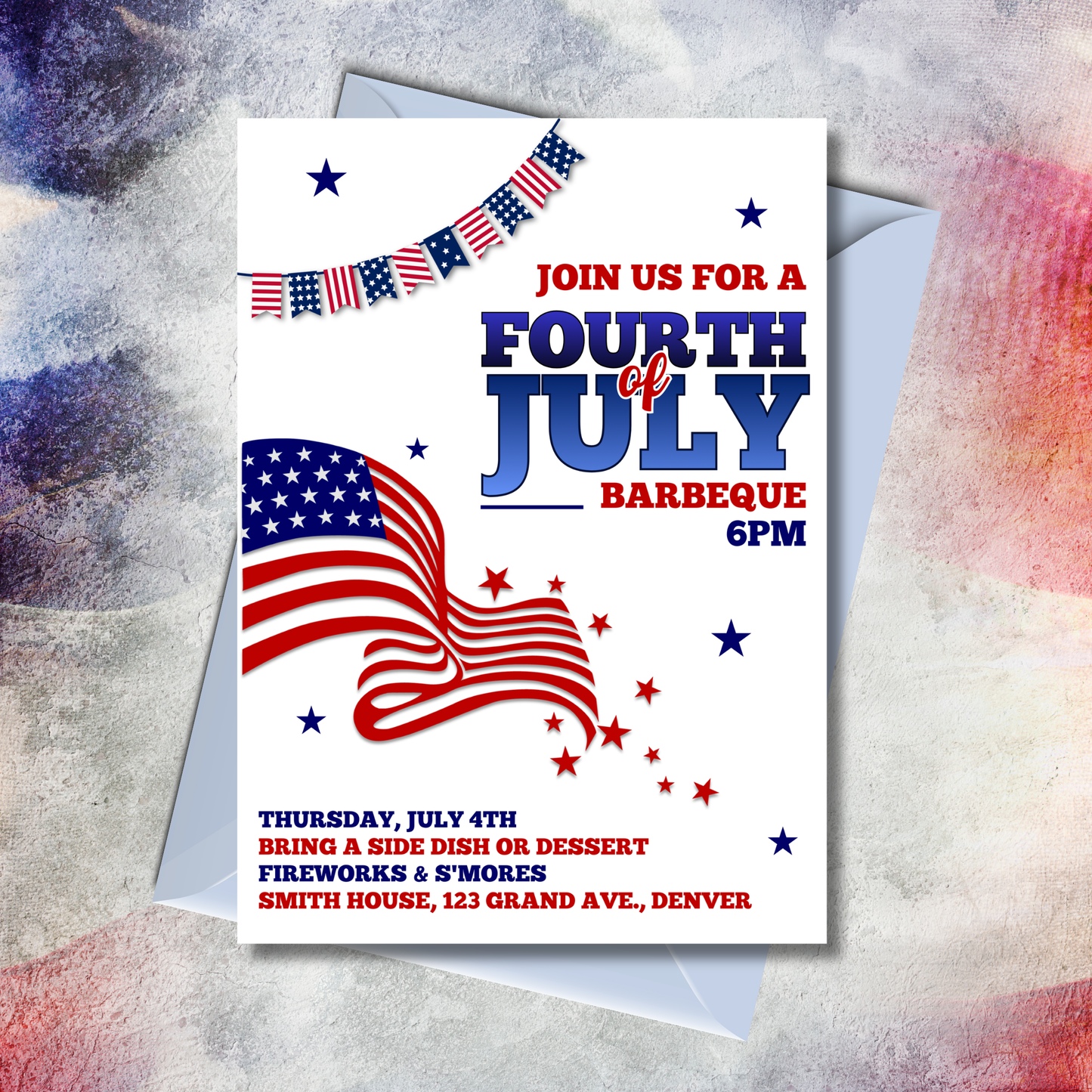 Fourth of July barbecue invitation with American flag design on textured paper.