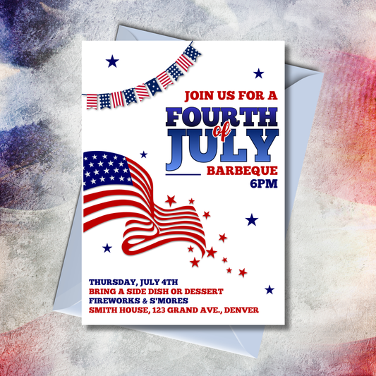 Fourth of July barbecue invitation with American flag design on textured paper.