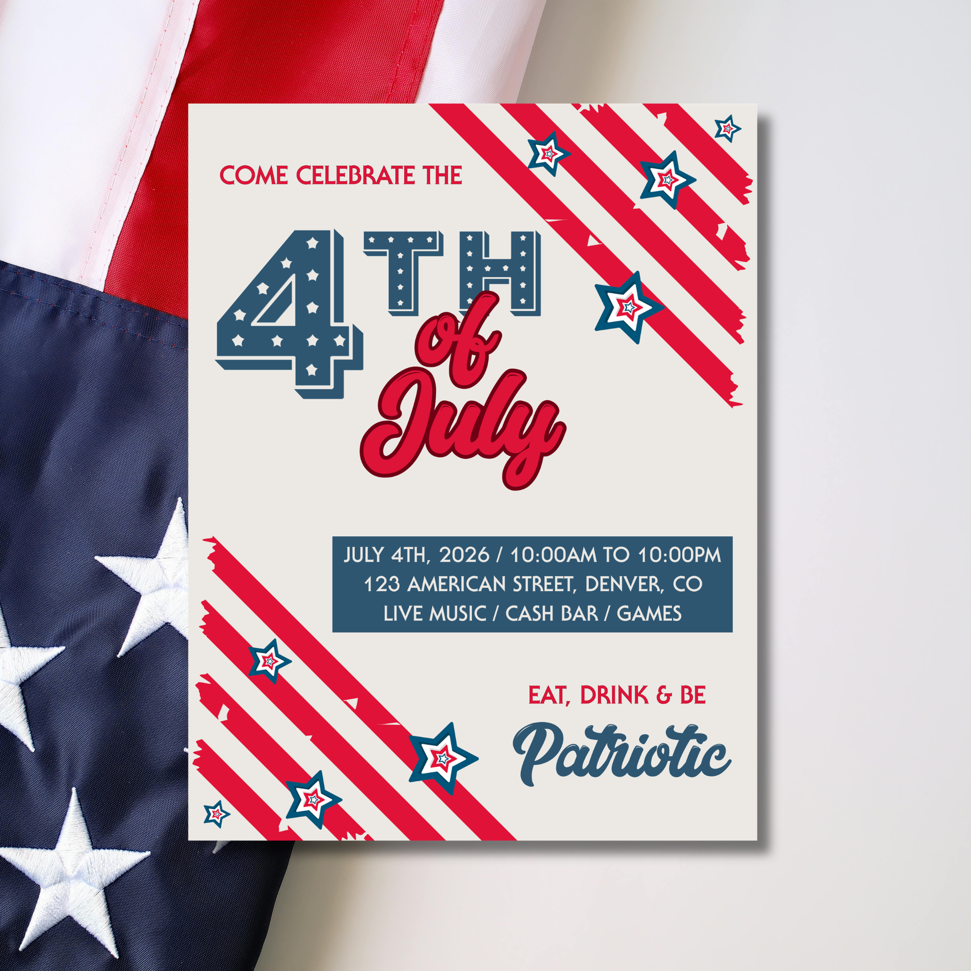 4th of July celebration invitation with American flag design