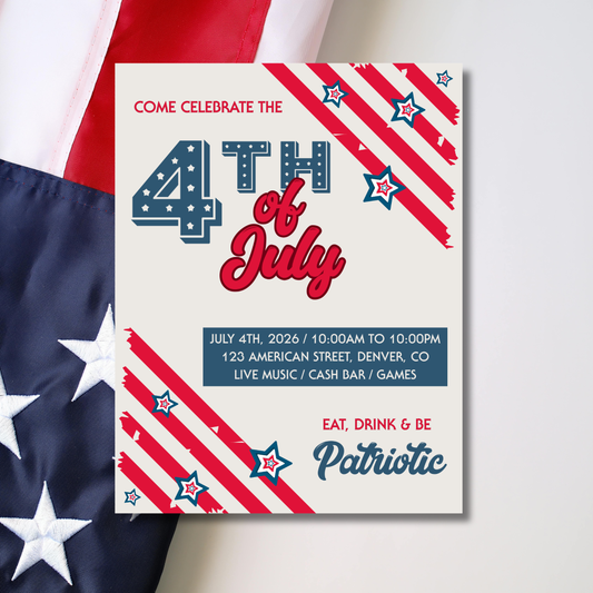 4th of July celebration invitation with American flag design