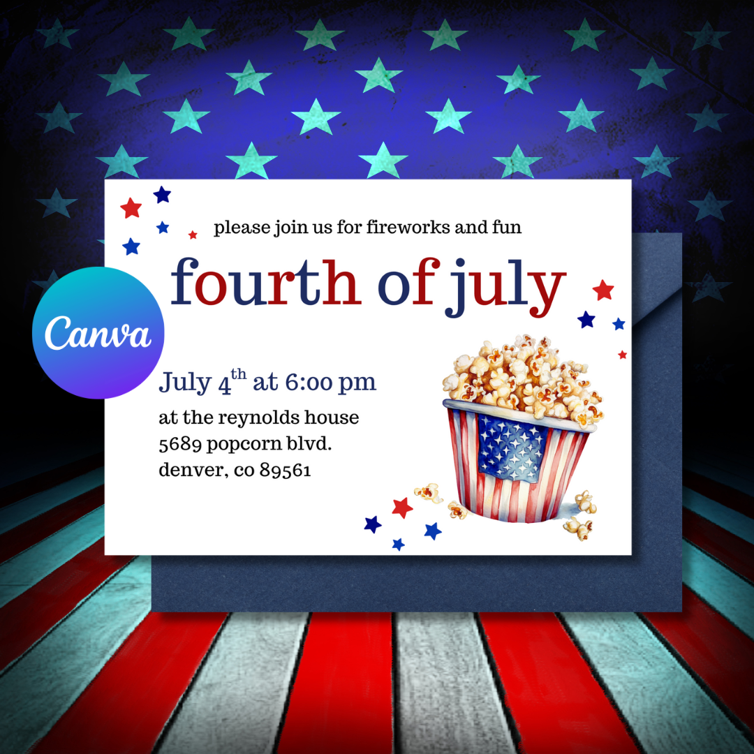 Fourth of July invitation with popcorn bucket and American flag design on a blue background with stars.
