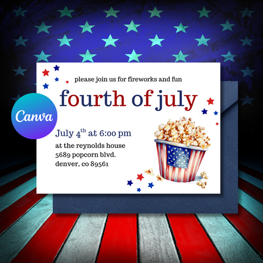 Fourth of July invitation with popcorn bucket and American flag design on a blue background with stars.