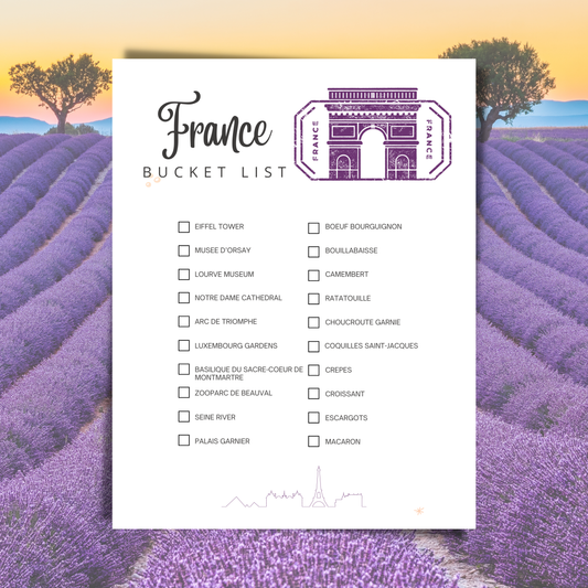 France Travel Bucket List Printable | Places to Visit & Foods to Try | Paris Trip Planner Page | Instant Download 8.5x11