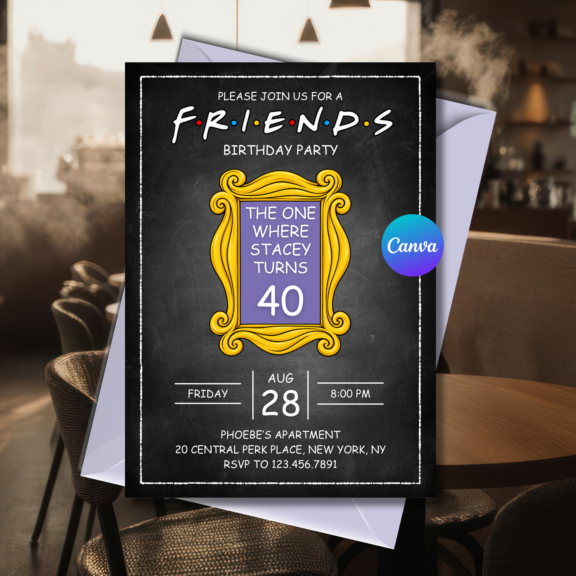 Friends birthday invitation editable 5x7 Canva template with black background and yellow frame