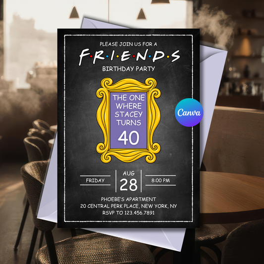 Friends birthday invitation editable 5x7 Canva template with black background and yellow frame
