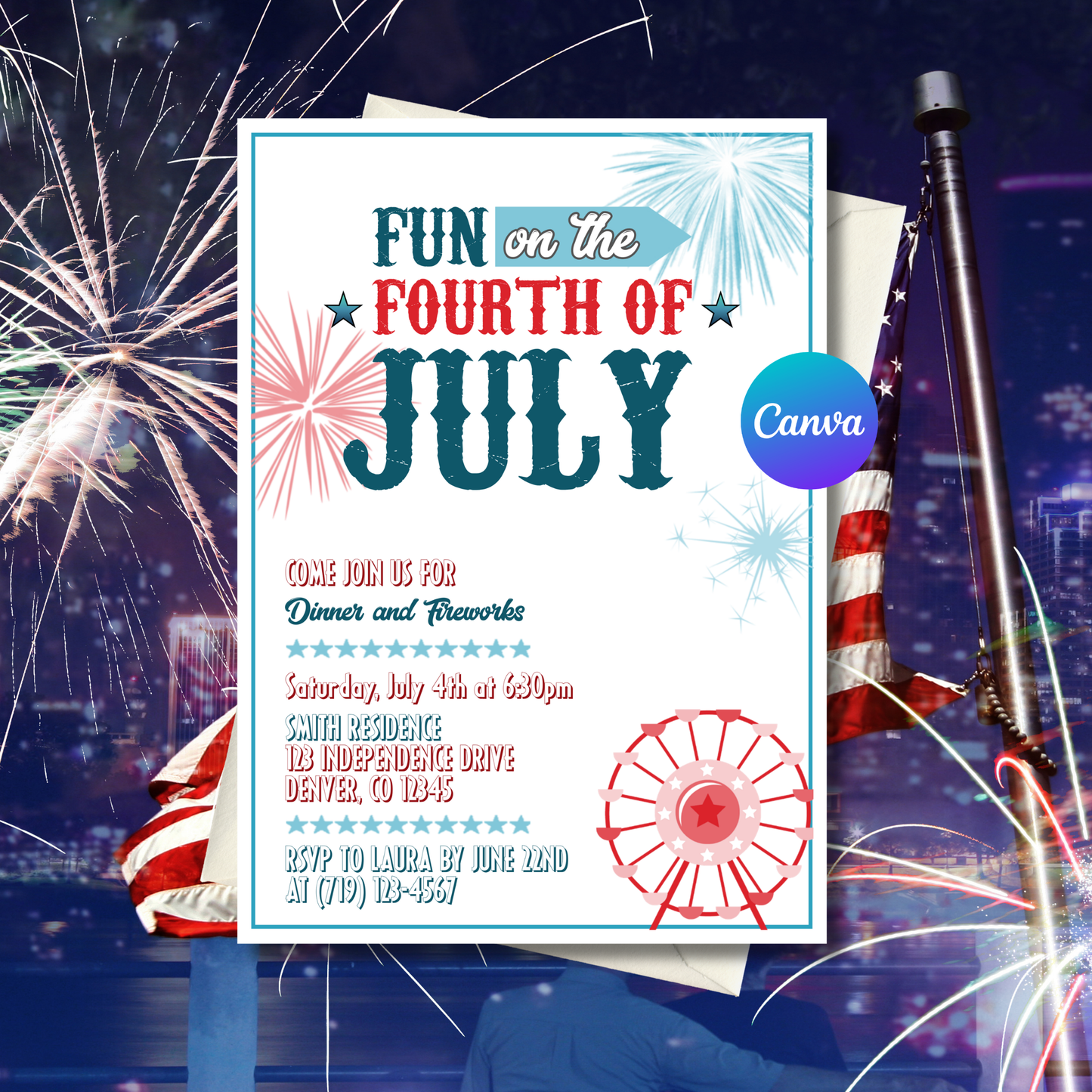 4th of July Invitation Template | Patriotic Party Invite | Independence Day Celebration Invite | Editable Canva Printable