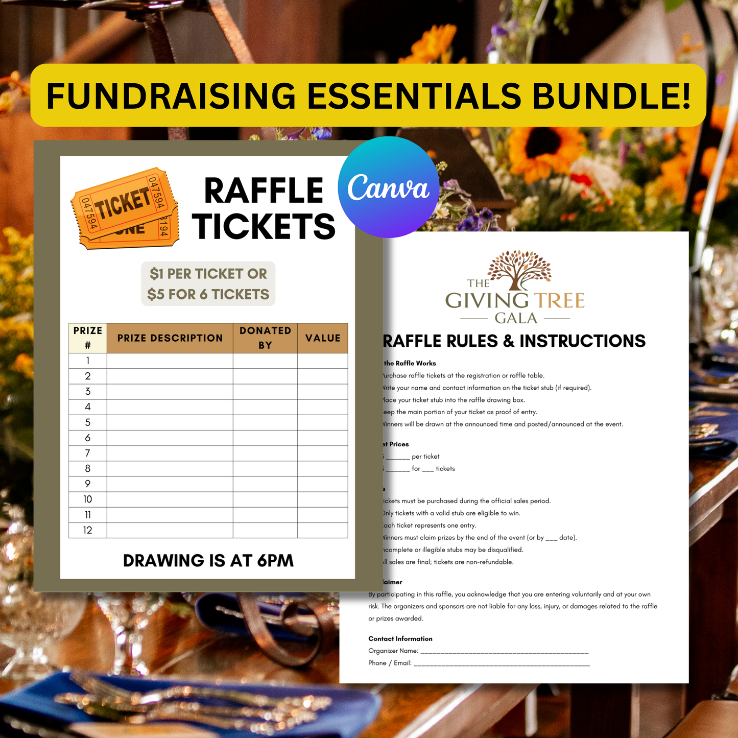 Fundraising event materials with raffle ticket template and rules on a table setting.
