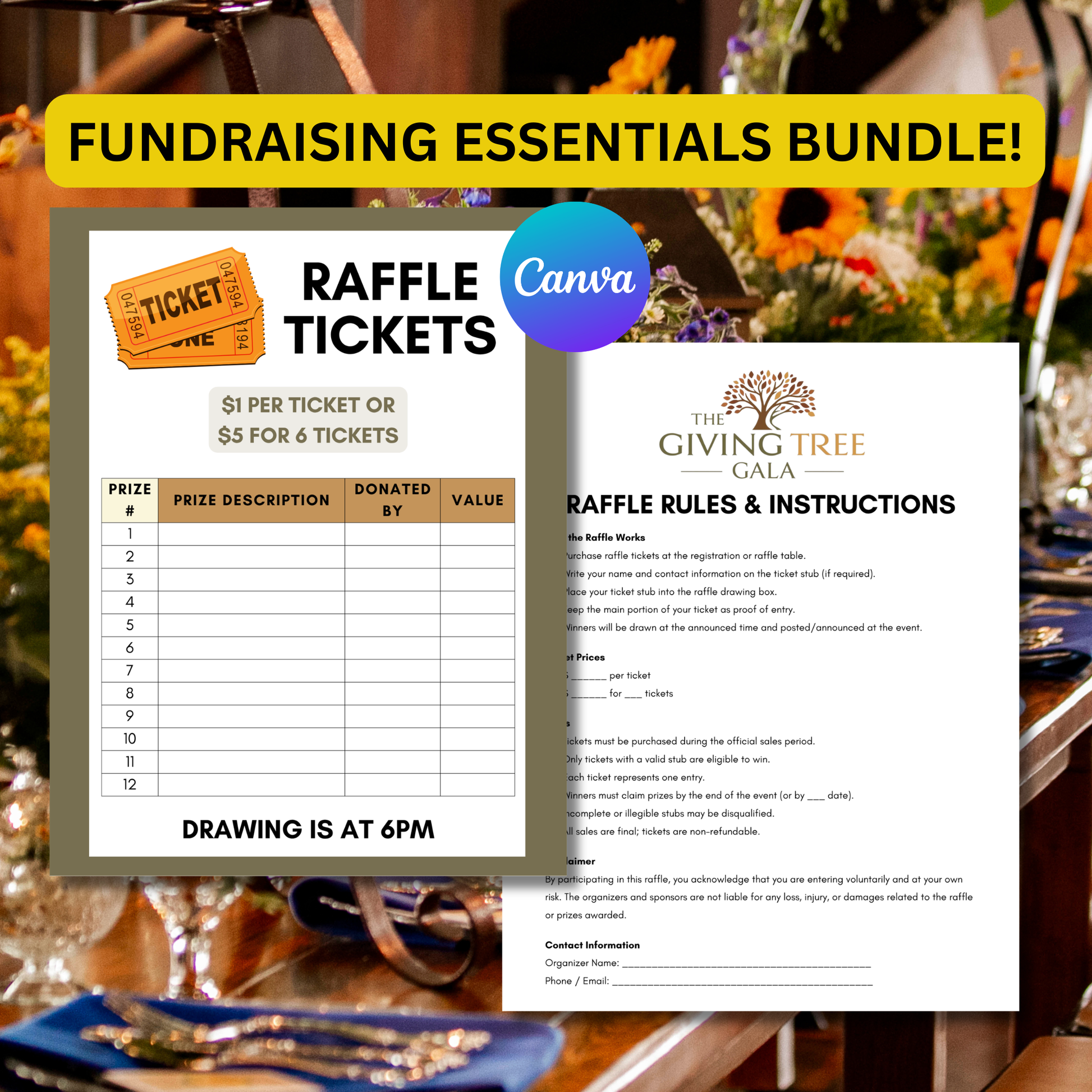 Fundraising event materials with raffle ticket template and rules on a table setting.