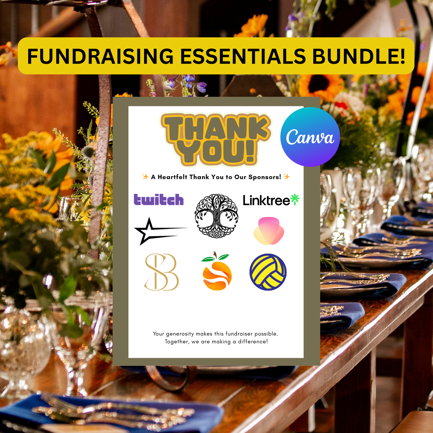 Thank you sign with sponsor logos on a table setting with flowers and glasses.