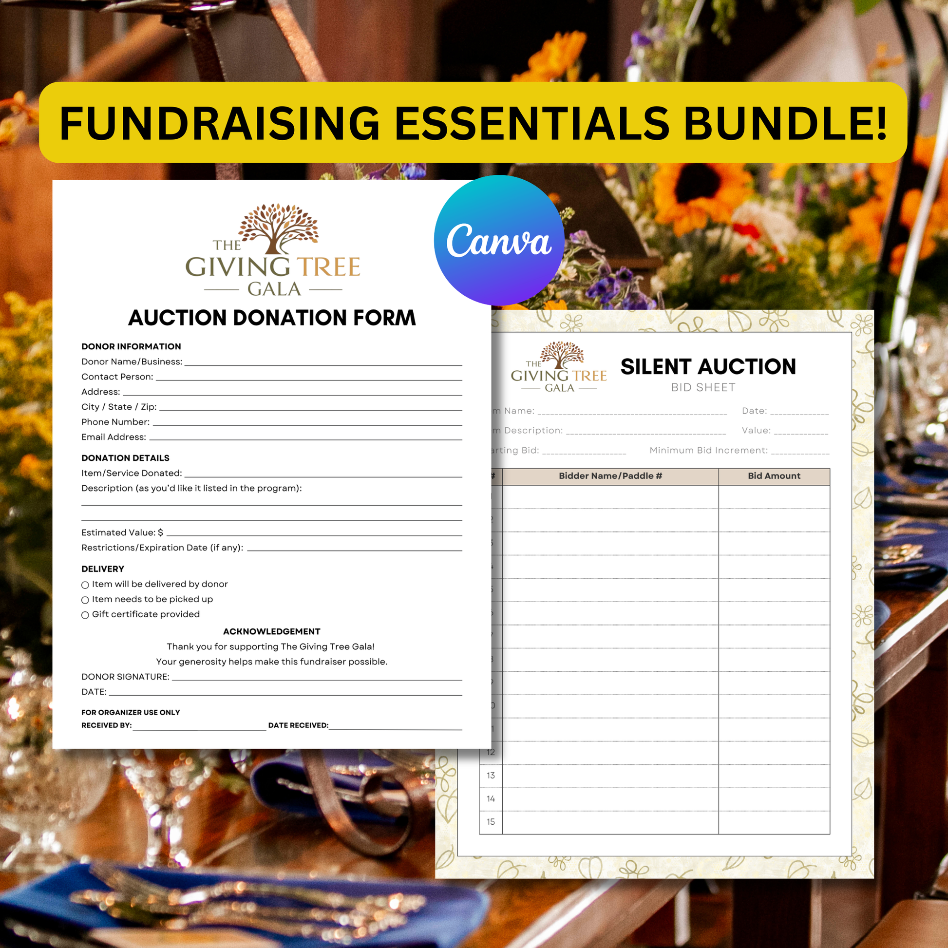 Fundraising forms with 'The Giving Tree Gala' branding and Canva logo on a blurred event background.