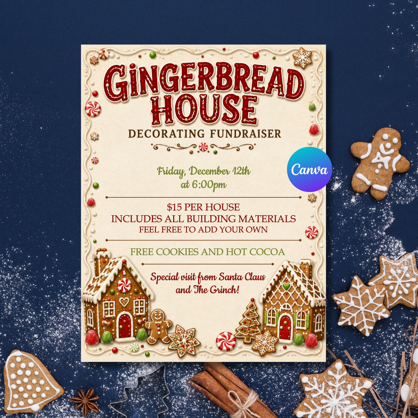 A festive gingerbread house decorating fundraiser flyer centered on a dark navy background, surrounded by decorated gingerbread cookies, star-shaped cookies, cinnamon sticks, and a sprinkle of white powdered sugar. The flyer features red and gold typography reading 'Gingerbread House Decorating Fundraiser' with event details and holiday illustrations of gingerbread houses, trees, and candy canes.