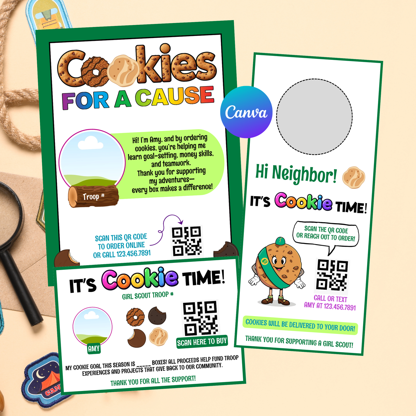 Girl Scout Cookie Bundle Template | Editable Flyer, Thank You Card & Door Hanger | Canva Instant Download