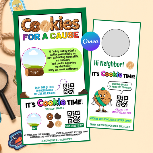 Girl Scout Cookie Bundle Template | Editable Flyer, Thank You Card & Door Hanger | Canva Instant Download