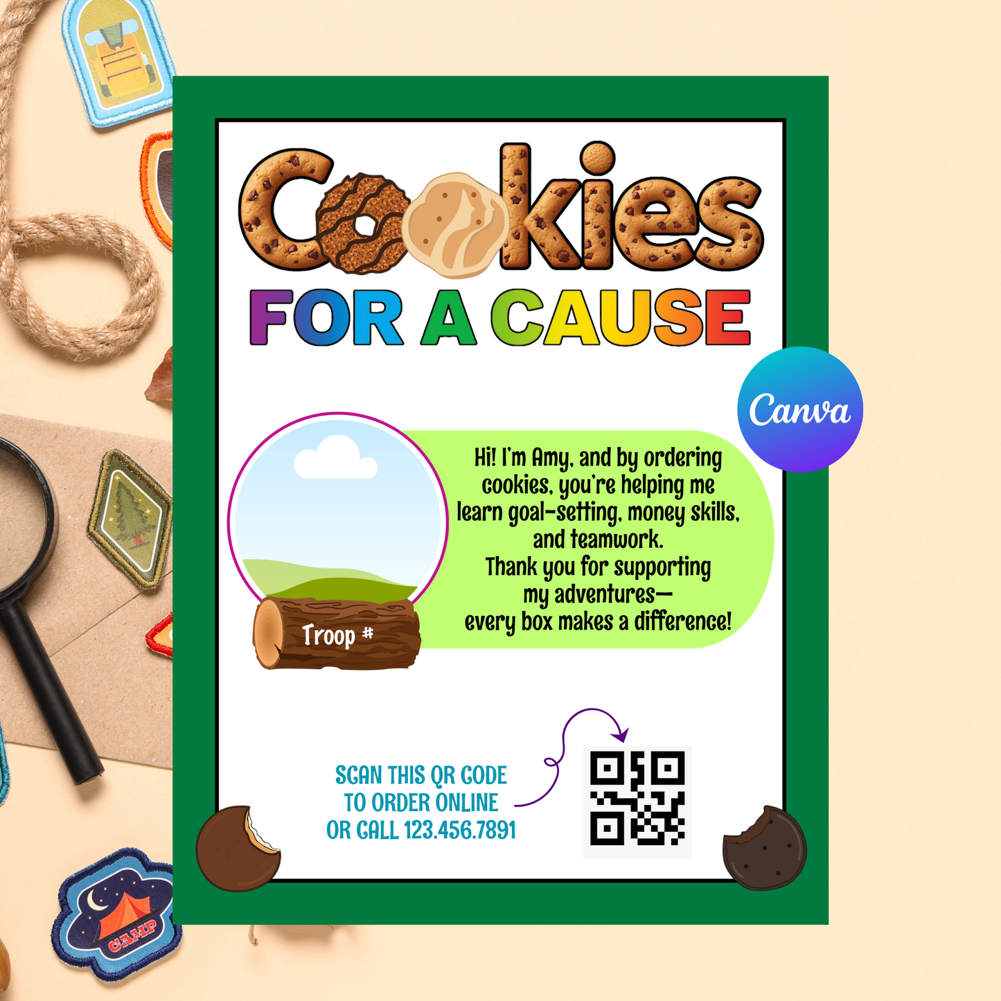 Girl Scout Cookie Bundle Template | Editable Flyer, Thank You Card & Door Hanger | Canva Instant Download