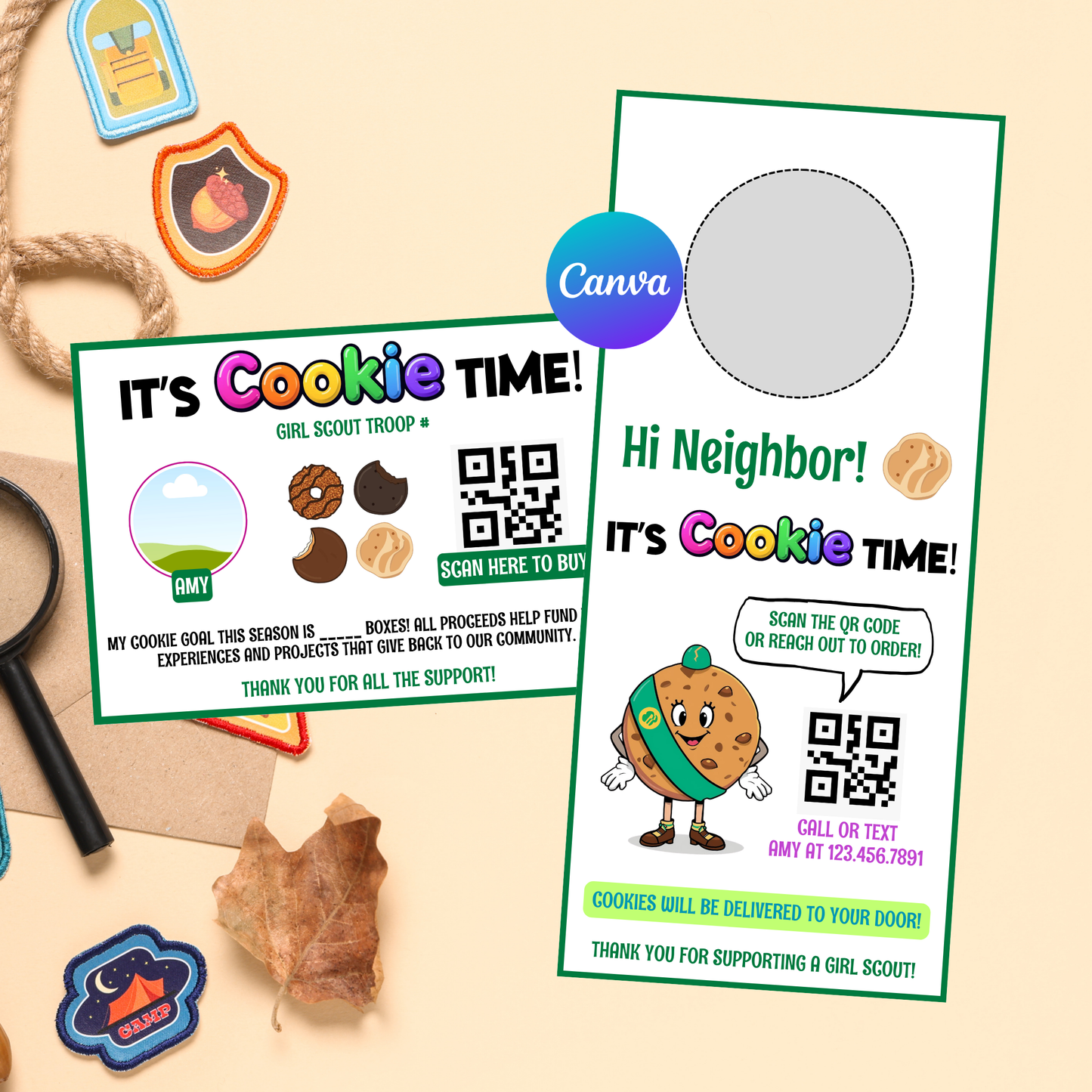 Girl Scout Cookie Bundle Template | Editable Flyer, Thank You Card & Door Hanger | Canva Instant Download