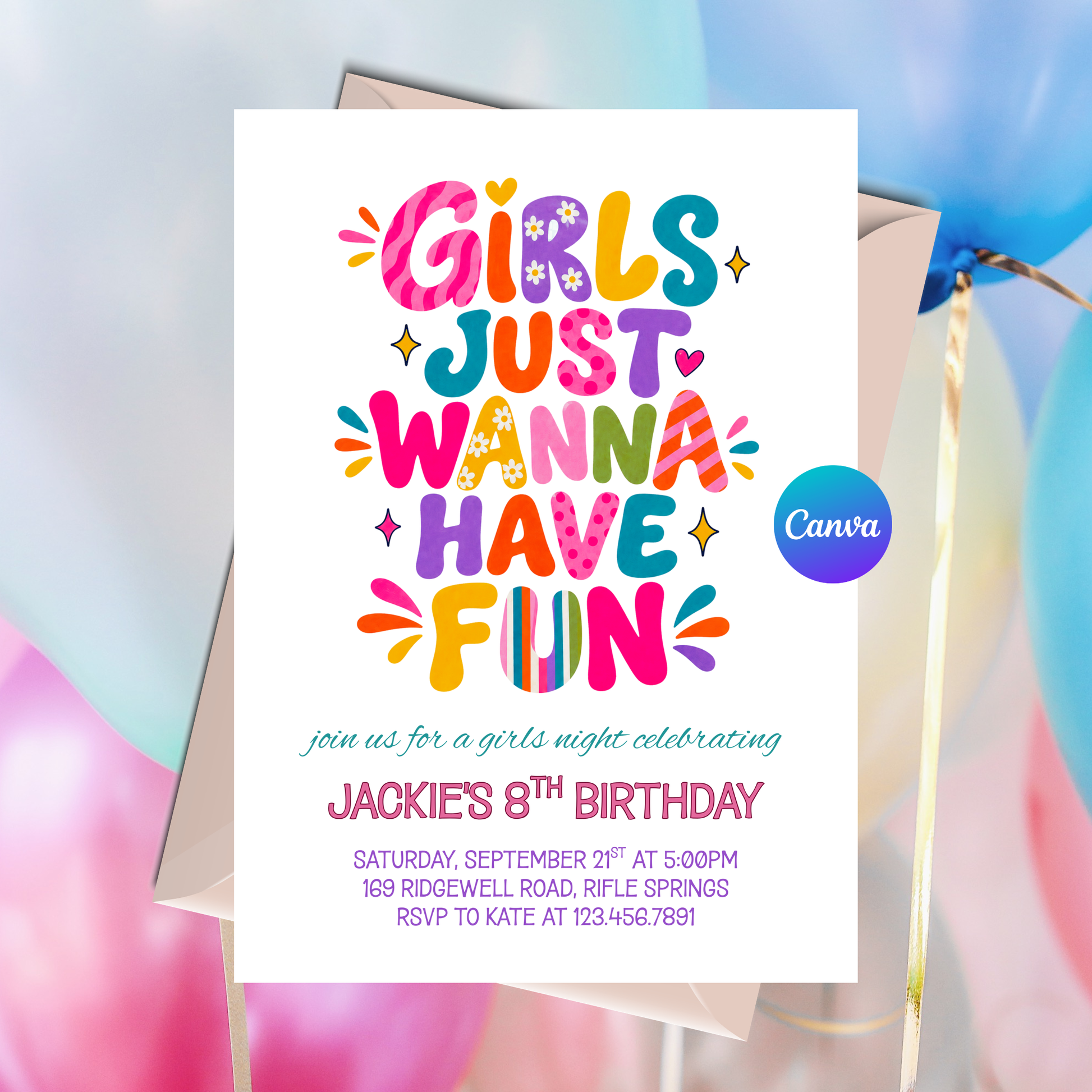 Girls Just Wanna Have Fun birthday invitation editable 5x7 Canva template