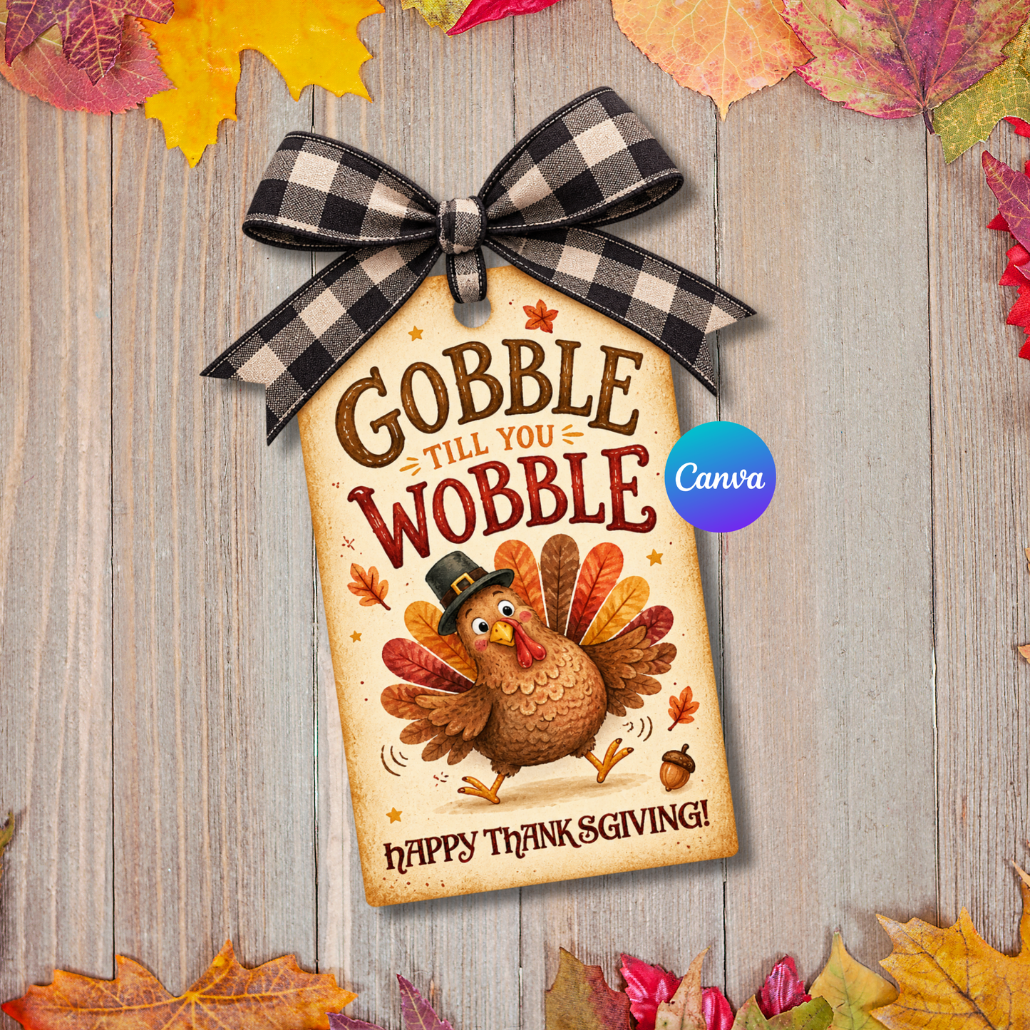 Gobble Till You Wobble Thanksgiving gift tag with cute vintage turkey design